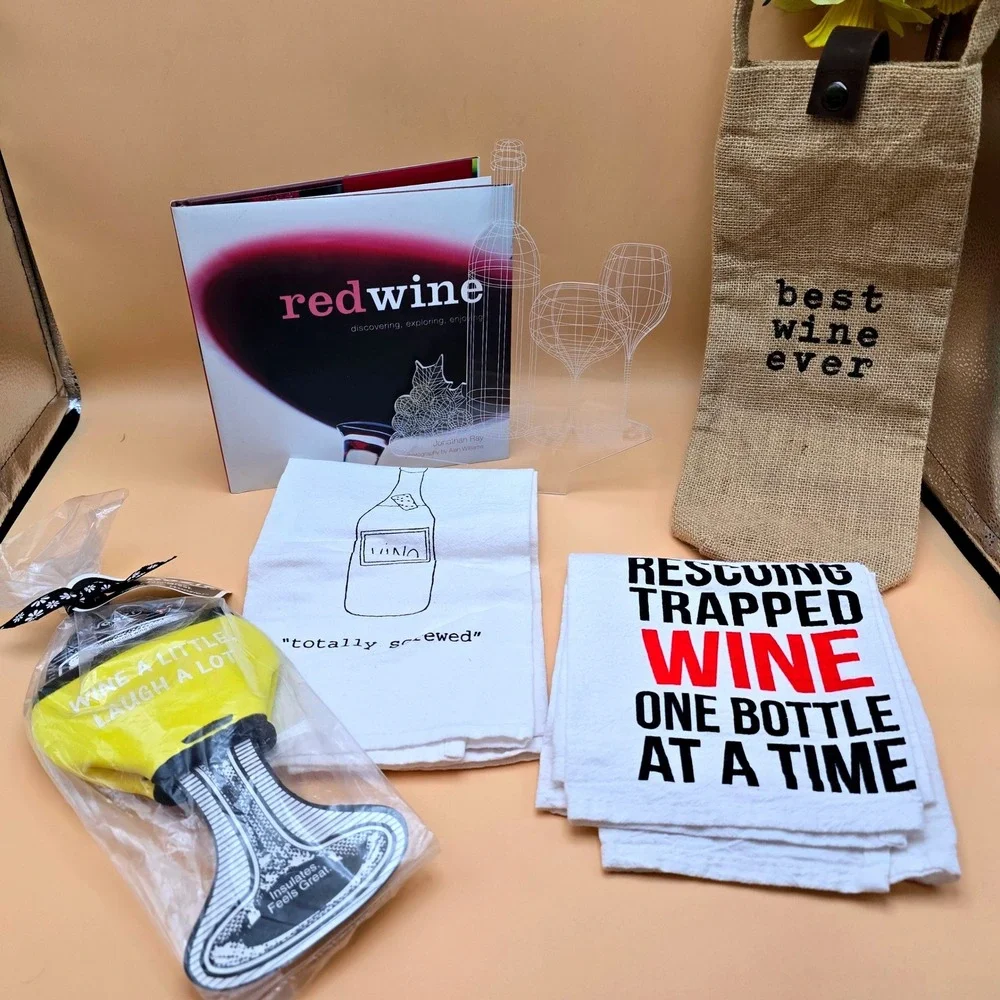 Wine Lovers Gift Set  Book Towels Burlap Bag Woozie Sleeve Wine Decor‎ 6 Pc